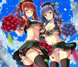 Rule 34 | 2girls, ass, azur lane, black headwear, black legwear, blue hair, blush, breasts, butt crack, cheering, cheerleader, cleavage, clothes writing, collarbone, commentary request, confetti, cowboy shot, crop top, crop top overhang, green shirt, green skirt, hat, holding, holding pom poms, large breasts, long hair, looking at viewer, macaroni hourensou, midriff, miniskirt, multiple girls, navel, open mouth, pleated skirt, pola (azur lane), pom pom (cheerleading), pom poms, red eyes, red hair, shirt, skirt, sleeveless, sleeveless shirt, smile, spotlight, sweat, thighhighs, twintails, underboob, white legwear, zara (azur lane)