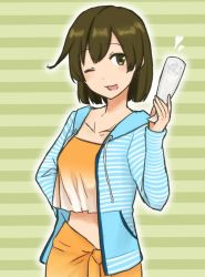 Rule 34 | 1girl, ;d, bikini, brown hair, cardigan, collarbone, cup, frilled bikini, frills, glass, hiryuu (kancolle), holding, holding cup, hood, hooded sweater, iwana, kantai collection, looking at viewer, official alternate costume, one eye closed, open cardigan, open clothes, open mouth, orange bikini, sarong, short hair, simple background, smile, solo, striped background, striped clothes, striped sweater, sweater, swimsuit, wavy mouth