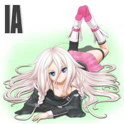 Rule 34 | 1girl, ahoge, blue eyes, boots, braid, breasts, character name, downblouse, ia (vocaloid), long hair, lying, off shoulder, on stomach, single thighhigh, skirt, solo, t2r, thigh strap, thighhighs, twin braids, vocaloid, white hair