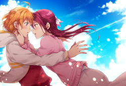 Rule 34 | 2girls, ahoge, blue sky, cloud, commentary request, eye contact, hair ornament, hair ribbon, hairclip, half updo, hands on another&#039;s face, highres, hood, hooded jacket, imminent kiss, jacket, kougi hiroshi, light particles, long hair, long sleeves, looking at another, love live!, love live! sunshine!!, multiple girls, open clothes, open jacket, orange eyes, orange hair, parted lips, pink skirt, pink sweater, purple hair, red eyes, red shirt, ribbon, sakurauchi riko, shirt, skirt, sky, surprised, sweater, takami chika, teeth, upper teeth only, white jacket, white ribbon, yuri