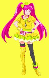 Rule 34 | 1girl, absurdres, aino megumi, alternate form, asymmetrical footwear, black thighhighs, boots, bow, brooch, collarbone, cure lovely, cure lovely (lollipop hip hop), earrings, full body, green bow, hair bow, hands on own hips, happinesscharge precure!, heart, heart brooch, highres, hood, hood down, hooded jacket, jacket, jewelry, long hair, looking at viewer, magical girl, mismatched footwear, ojipon, pink eyes, pink hair, precure, short sleeves, simple background, single boot, single thigh boot, skirt, smile, solo, star (symbol), star earrings, thigh boots, thighhighs, twintails, uneven footwear, yellow background, yellow footwear, yellow jacket, yellow skirt