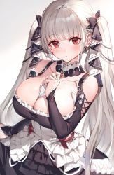 1girl azur_lane bare_shoulders between_breasts black_dress blush breasts cleavage collarbone dress earrings formidable_(azur_lane) frilled_dress frills grey_hair hair_ribbon highres jewelry large_breasts long_hair looking_at_viewer red_eyes ribbon simple_background twintails two-tone_dress two-tone_ribbon very_long_hair watao white_background