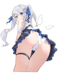 1girl ass ass_focus blue_eyes commentary_request commission dress highres legs long_hair looking_at_viewer masquerade masquerade_channel panties pantyshot rakugaki_ningen short_dress simple_background skeb_commission solo tenshi_nano underwear uniform virtual_youtuber white_background white_panties wings