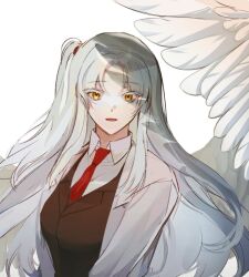 Rule 34 | 1girl, angela (project moon), black vest, blue hair, coat, collared shirt, feathered wings, lab coat, lobotomy corporation, long hair, long sleeves, looking at viewer, munjiduck, necktie, one side up, parted lips, project moon, red necktie, shirt, sidelocks, simple background, single wing, solo, upper body, very long hair, vest, white background, white coat, white shirt, white wings, wing collar, wings
