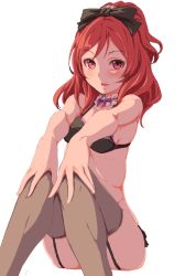 Rule 34 | 10s, 1girl, bad id, bare shoulders, black thighhighs, blush, bow, bra, breasts, clearite, collar, garter straps, hair bow, hands on own knees, highres, looking at viewer, love live!, love live! school idol project, nishikino maki, open mouth, panties, red hair, short ponytail, sitting, small breasts, smile, solo, thighhighs, underwear, underwear only, white background