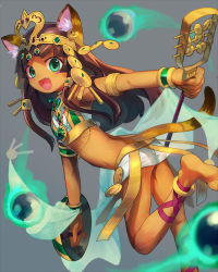 Rule 34 | 1girl, :d, animal ears, ankle lace-up, anklet, barefoot, bastet (p&amp;d), blurry, brown hair, cat ears, cat tail, cross-laced footwear, crown, dark skin, depth of field, egyptian, fang, fangs, green eyes, instrument, jewelry, lots of jewelry, me (mikannu), midriff, open mouth, puzzle &amp; dragons, smile, tail
