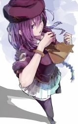 Rule 34 | 1girl, ascot, beret, black thighhighs, braid, from above, full body, futatsuki eru, hat, long hair, looking at viewer, melty blood, open mouth, pleated skirt, purple eyes, purple hair, purple hat, shadow, single braid, sion eltnam atlasia, skirt, solo, standing, thighhighs, tsukihime, white skirt, yellow ascot