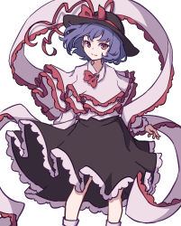 Rule 34 | 1girl, absurdres, ascot, black hat, black skirt, blue hair, bow, capelet, collared shirt, frilled capelet, frilled shawl, frilled sleeves, frills, hagoromo, hat, hat bow, hat ribbon, highres, kame (kamepan44231), long sleeves, nagae iku, one-hour drawing challenge, red ascot, red eyes, ribbon, shawl, shirt, simple background, skirt, smile, socks, solo, touhou, white background, white shirt