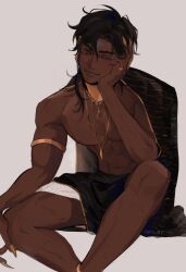 Rule 34 | :3, anpu (monmeon), artist name, bare legs, black hair, black shorts, brown eyes, closed mouth, dark-skinned male, dark skin, elbow on knee, facial mark, fingernails, forehead mark, gold anklet, gold armlet, gold necklace, gold ring, head on hand, highres, jewelry, long hair, messy hair, monmeon, muscular, muscular male, necklace, one eye closed, original, sharp fingernails, shorts, single bare shoulder, sitting, smile, toga, topless male, usekh collar, yellow nails