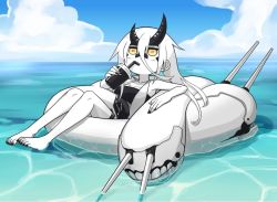 Rule 34 | 10s, 1girl, abyssal ship, asymmetrical horns, bare shoulders, barefoot, black nails, blue sky, breasts, cleavage, cloud, cloudy sky, collarbone, colored skin, commentary request, cross-counter (screw upper), day, dress, drink, drinking straw, hair between eyes, heavy cruiser princess, heavy cruiser summer princess, horns, kantai collection, leaning back, long hair, looking back, looking up, medium breasts, mundane utility, nail polish, sitting, skirt, sky, solo, swimsuit, teeth, toenail polish, toenails, uneven horns, water, white hair, white skin, yellow eyes