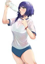 Rule 34 | 1girl, absurdres, blush, bottle, bra, bra visible through clothes, breasts, buruma, collar tug, commentary, drinking, dripping, eyelashes, genshin impact, green bra, gym shirt, gym uniform, highres, kugui yona, kujou sara, large breasts, open mouth, purple hair, see-through, see-through shirt, shirt, short hair, short sleeves, simple background, solo, sweat, sweaty clothes, t-shirt, thighs, underwear, water bottle, wet, wet clothes, wet hair, white background, yellow eyes
