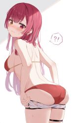 Rule 34 | !?, 1girl, absurdres, ass, bare arms, bare back, bare shoulders, bikini, blush, breasts, closed mouth, clothes pull, commentary request, cowboy shot, dolphin shorts, earrings, from behind, heart, heart earrings, heterochromia, highres, hololive, houshou marine, houshou marine (summer), jewelry, large breasts, long hair, looking at viewer, mei am0, pulling own clothes, red bikini, red eyes, red hair, short shorts, shorts, shorts pull, sideboob, solo, spoken interrobang, sweat, swimsuit, thigh strap, torn clothes, torn shorts, virtual youtuber, wavy mouth, white background, yellow eyes