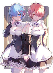 Rule 34 | 2girls, @ @, apron, artist name, black bow, black dress, blue eyes, blue hair, bow, breasts, detached sleeves, dress, flower, hair flower, hair ornament, hair over one eye, hand on own hip, hand on own cheek, hand on own face, hand up, highres, holding hands, inaeda kei, looking at viewer, multiple girls, neck ribbon, parted lips, petticoat, pink eyes, pink hair, ram (re:zero), re:zero kara hajimeru isekai seikatsu, rem (re:zero), ribbon, roswaal mansion maid uniform, siblings, side-by-side, sisters, small breasts, thighhighs, two-tone dress, waist apron, white apron, white legwear, x hair ornament