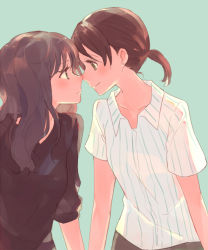 Rule 34 | 2girls, aqua background, black eyes, black hair, black shirt, brown eyes, brown hair, collarbone, collared shirt, earrings, eye contact, face-to-face, frown, jewelry, long hair, looking at another, multiple girls, original, ponytail, shirt, short sleeves, simple background, smile, sou (tuhut), striped clothes, striped shirt, upper body, vertical-striped clothes, vertical-striped shirt, white shirt, yuri