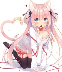 Rule 34 | 1girl, all fours, animal ears, black thighhighs, blue eyes, bow, breasts, candy, cat ears, cat girl, cat tail, chocolate, chocolate heart, cleavage, commentary request, dress, food, hair bow, hair ribbon, heart, leg ribbon, long hair, looking at viewer, mouth hold, original, pink hair, ribbon, sazaki ichiri, see-through silhouette, simple background, smile, solo, tail, thigh ribbon, thighhighs, two side up, valentine, very long hair, white background, white dress, zettai ryouiki