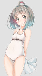 Rule 34 | 1girl, ahoge, arms behind back, bare arms, bare shoulders, blush, breasts, brown eyes, brown hair, casual one-piece swimsuit, closed mouth, collarbone, comah, gluteal fold, grey background, one-piece swimsuit, original, short hair, simple background, small breasts, smile, solo, swimsuit, thigh gap, white one-piece swimsuit