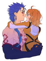 Rule 34 | 1boy, 1girl, ahoge, arm tattoo, black gloves, blue hair, bodysuit, brown hair, carrying, chaldea combat uniform, chest tattoo, couple, cu chulainn (fate), cu chulainn (fate) (all), cu chulainn (fate/stay night), cu chulainn alter (fate), cu chulainn alter (fate/grand order), elbow gloves, eye contact, facial mark, fate/grand order, fate (series), from side, fujimaru ritsuka (female), fujimaru ritsuka (female) (chaldea combat uniform), gloves, hair ornament, hair over shoulder, hair scrunchie, hair strand, hetero, highres, lancer, long hair, looking at another, official alternate costume, orange bodysuit, ponytail, profile, scrunchie, short hair, side ponytail, simple background, tattoo, uni (nico02), upper body, white background, yellow scrunchie