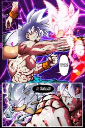 Rule 34 | 2boys, abs, animal ears, animal nose, aura, battle, battle damage, body fur, crossover, dougi, dragon ball, dragon ball super, fighting, furry, furry male, gloves, grey eyes, grey hair, highres, hyper sonic, kad productions, light trail, male focus, multiple boys, muscular, muscular male, ruyi jingu bang, pants, pointy nose, purple eyes, rainbow gradient, red footwear, serious, shoes, son goku, sonic (series), sonic adventure, sonic the hedgehog, sonic the hedgehog (classic), spiked hair, topless male, torn clothes, ultra instinct, white fur, white gloves, white hair, wristband