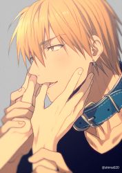 Rule 34 | 2boys, animal collar, black shirt, blonde hair, blue collar, blurry, blush, collar, collarbone, commentary request, depth of field, earrings, finger in another&#039;s mouth, from side, grey background, hair between eyes, hand grab, hand on another&#039;s cheek, hand on another&#039;s face, jewelry, kise ryouta, kuroko no basuke, looking to the side, male focus, mashima shima, multiple boys, open mouth, out of frame, shirt, short hair, simple background, solo focus, teeth, twitter username, upper body, yaoi, yellow eyes