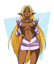 Rule 34 | 1girl, bad id, bad tumblr id, blonde hair, breasts, breasts apart, brown eyes, closed mouth, commentary, cowboy shot, dark-skinned female, dark elf, dark skin, dress, elf, gloves, headband, jewelry, large breasts, lipstick, long hair, looking at viewer, makeup, navel, necklace, no bra, open clothes, optionaltypo, pinup (style), pirotess, pointy ears, purple dress, purple gloves, record of lodoss war, red lips, short sleeves, solo, standing, very long hair