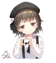 Rule 34 | 1girl, aliter, beret, black hat, blush, brown eyes, brown hair, closed mouth, collared shirt, commentary request, cropped torso, hands up, hat, hatoba tsugu, head tilt, heart, heart hands, highres, long sleeves, looking at viewer, mole, mole under eye, shirt, short hair, signature, simple background, smile, solo, suspenders, upper body, virtual youtuber, white background, white shirt
