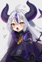Rule 34 | 1girl, ahoge, anger vein, angry, artist name, ascot, blush, collar, demon horns, dress, fang, gotou (nekocat), grey background, hair between eyes, highres, hololive, horns, la+ darknesss, la+ darknesss (1st costume), looking at viewer, metal collar, multicolored hair, open mouth, purple hair, simple background, sketch, sleeves past fingers, sleeves past wrists, solo, streaked hair, striped horns, tail, virtual youtuber, yellow eyes