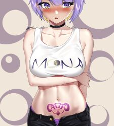 Rule 34 | 1girl, arm behind back, arm under breasts, bare shoulders, black choker, black pants, blonde hair, blush, breasts, character name, choker, collarbone, commentary, crop top, english commentary, gradient eyes, highres, holding own arm, hololive, hololive indonesia, large breasts, midriff, moona hoshinova, moona hoshinova (3rd costume), moona hoshinova (casual), multicolored eyes, multicolored hair, navel, nose blush, official alternate costume, open fly, open mouth, panties, pants, panty peek, pubic tattoo, purple eyes, purple hair, purple panties, rlus, short hair, solo, stomach, sweatdrop, tank top, tattoo, two-tone hair, uchimasui, underwear, virtual youtuber, white tank top, yellow eyes