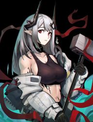 Rule 34 | 1girl, absurdres, arknights, bare shoulders, black background, black gloves, breasts, commentary request, crop top, distr, gloves, hammer, highres, holding, holding hammer, holding weapon, horns, large breasts, long hair, long sleeves, looking at viewer, material growth, midriff, mudrock (arknights), mudrock (elite ii) (arknights), navel, off shoulder, oripathy lesion (arknights), parted lips, pointy ears, red eyes, silver hair, simple background, solo, sports bra, stomach, upper body, weapon