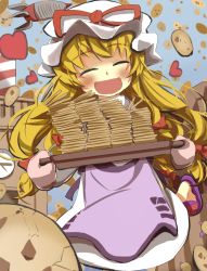 Rule 34 | 1girl, :d, baking sheet, blonde hair, bow, cookie, cookie clicker, dress, closed eyes, factory, food, gaoo (frpjx283), hair bow, happy, hat, heart, highres, long hair, multiple girls, open mouth, oven mitts, parody, ribbon, rocket, slippers, smile, solo, spacecraft, touhou, yakumo yukari