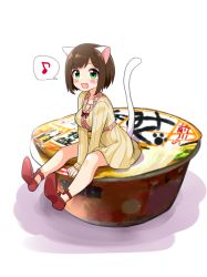 Rule 34 | 10s, 1girl, :3, :d, animal ears, blush stickers, brown hair, cat ears, cat tail, dress, fang, food, green eyes, idolmaster, idolmaster cinderella girls, maekawa miku, mini person, minigirl, musical note, open mouth, short hair, sitting, sitting on object, smile, solo, spoken musical note, tail, trente, v arms