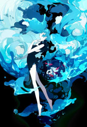 Rule 34 | 1girl, absurdly long hair, absurdres, air bubble, animal, bare arms, bare legs, bare shoulders, barefoot, black background, black dress, blue hair, blue theme, bubble, colored skin, dress, fish, floating hair, from side, full body, hand up, hatsune miku, heart, highres, leaning back, liquid hair, long hair, looking away, looking up, n79oqc3yja6jlof, plantar flexion, profile, reaching, shinkai shoujo (vocaloid), short dress, sleeveless, sleeveless dress, solo, tiptoes, twintails, very long hair, vocaloid, water, white skin