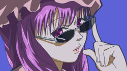 Rule 34 | 1girl, dr765, glasses, joshi kousei, lips, looking at viewer, parody, patchouli knowledge, purple eyes, purple hair, solo, sunglasses, touhou