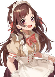 Rule 34 | 1girl, :d, absurdres, alternate costume, apron, blush, bow, breasts, brown hair, brown shirt, brown skirt, center frills, collared shirt, enmaided, frilled apron, frills, haruyuki (gffewuoutgblubh), highres, idolmaster, idolmaster cinderella girls, long hair, looking at viewer, maid, maid headdress, medium breasts, open mouth, pink bow, puffy short sleeves, puffy sleeves, purple eyes, red ribbon, ribbon, shimamura uzuki, shirt, short sleeves, simple background, skirt, smile, solo, striped, striped bow, teeth, upper teeth only, very long hair, white apron, white background, wrist cuffs