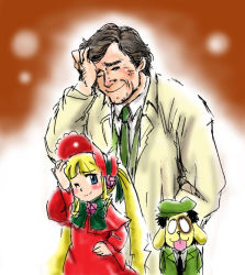 Rule 34 | 00s, 1boy, 1girl, :p, blonde hair, blue eyes, blush, brown background, coat, collared shirt, columbo, lieutenant columbo, crossover, dog, dress, gradient background, green headwear, green neckwear, hand in pocket, kunkun, long hair, looking at viewer, necktie, raincoat, red dress, red headwear, rozen maiden, shinku, shirt, short hair, simple background, sketch, smile, standing, tongue, tongue out, white background, white shirt