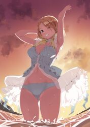 Rule 34 | 1girl, absurdres, arm behind head, arms up, backlighting, beads, bikini, blonde hair, breasts, choker, commentary, dusk, frilled choker, frills, gluteal fold, gradient hair, grey eyes, grin, groin, highres, horizon, idolmaster, idolmaster shiny colors, izumi mei, long hair, looking at viewer, medium breasts, multicolored hair, navel, ocean, one eye closed, outdoors, see-through, smile, solo, swimsuit, td (tandeom97), thighs, wading, water, wet, wet hair