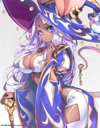 Rule 34 | 1girl, blue eyes, blush, breasts, cleavage, dark-skinned female, dark skin, facial mark, forehead mark, glasses, hair ornament, hat, hong (white spider), key, large breasts, long hair, looking at viewer, original, simple background, solo, staff, tail, white hair, wide sleeves, witch hat