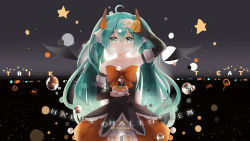 Rule 34 | 1girl, :o, ahoge, aqua eyes, aqua hair, asahi kuroi, backlighting, bad id, bad pixiv id, bow, bowl, bubble, candy, collarbone, cowboy shot, cube, detached sleeves, dress, food, hair between eyes, halloween costume, hand on own head, happy halloween, hatsune miku, highres, lollipop, long hair, long sleeves, looking at viewer, nail polish, solo, star (symbol), strapless, strapless dress, striped, sweets, trick or treat, twintails, vertical stripes, very long hair, vocaloid