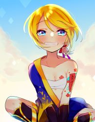 Rule 34 | 1girl, ame (module), asymmetrical clothes, bare shoulders, between legs, blonde hair, blue eyes, blue sky, blush, breast tattoo, breasts, butterfly sitting, cleavage, cloud, collarbone, elbow gloves, flower tattoo, gauntlets, gloves, grin, hair ribbon, hand between legs, highres, japanese clothes, kagamine rin, kawahara chisato, kimono, looking at viewer, ofuda, ribbon, sarashi, short hair, short ponytail, shoulder tattoo, sitting, sky, small breasts, smile, solo, sparkle, sparkling eyes, tattoo, vocaloid