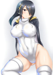 Rule 34 | 10s, 1girl, black hair, black jacket, breasts, brown eyes, covered erect nipples, covered navel, cowboy shot, emperor penguin (kemono friends), hair over one eye, headphones, hood, hooded jacket, jacket, kemono friends, large breasts, leotard, looking at viewer, medium hair, multicolored hair, nipples, saintshiro, shiny clothes, shiny skin, simple background, solo, standing, tail, thighhighs, two-tone hair, white background, white leotard, white thighhighs