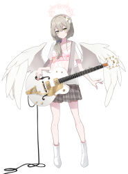 Rule 34 | 1girl, absurdres, alternate costume, alternate hairstyle, amai nekuta, angel wings, audio cable, bare arms, bare legs, blue archive, boots, braid, breasts, check instrument, closed mouth, clothes writing, collarbone, commentary request, crossed bangs, crown braid, dot nose, double-parted bangs, electric guitar, feathered wings, flower, full body, gretsch, gretsch white falcon, grey skirt, guitar, hair flower, hair ornament, hair over shoulder, hair scrunchie, halo, head tilt, highres, holding, holding guitar, holding instrument, holding plectrum, instrument, light brown hair, logo, long hair, looking at viewer, low-tied long hair, medium breasts, miniskirt, nagisa (blue archive), outstretched hand, pink halo, plaid, plaid skirt, pleated skirt, plectrum, purple scrunchie, scrunchie, shirt, short sleeves, shoulder strap, simple background, skirt, smile, solo, standing, thick eyelashes, white background, white footwear, white shirt, white wings, wide sleeves, wings, yellow eyes