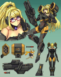 Rule 34 | 1girl, arm cannon, armor, blonde hair, blue eyes, character sheet, choker, commentary, cyberpunk, cyborg, doom (series), english commentary, from behind, glasses, green background, gun, highres, long hair, looking at viewer, missile, missile pod, personification, ponytail, power armor, rocket launcher, smile, substance20, teeth, upper teeth only, very long hair, weapon