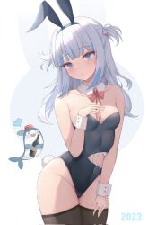 Rule 34 | animal ears, bare hips, bare shoulders, black thighhighs, blue eyes, blue hair, bow, bowtie, breasts, closed mouth, collarbone, covered navel, dchiang, detached collar, gawr gura, head tilt, headband, highres, hololive, hololive english, legs together, leotard, looking at viewer, medium breasts, medium hair, playboy bunny, rabbit ears, rabbit tail, red bow, simple background, sleeve, tail, thighhighs, virtual youtuber