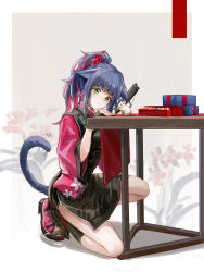 Rule 34 | 1girl, achyue, arknights, black dress, black hair, black socks, blush, cat tail, chinese commentary, commentary request, dress, female focus, green eyes, grey background, gun, hair flaps, handgun, head tilt, highres, holding, holding gun, holding weapon, jessica (arknights), kneehighs, kneeling, long hair, long sleeves, mouse (animal), multicolored hair, official alternate costume, on one knee, pistol, ponytail, red hair, shadow, shoes, short dress, sidelocks, socks, solo, streaked hair, table, tail, trigger discipline, weapon, wide sleeves