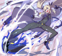 Rule 34 | 1girl, black bodysuit, blonde hair, blue eyes, bodysuit, boots, breasts, fang, fighting stance, gloves, goddess of victory: nikke, jacket, kicking, laplace (nikke), looking down, open mouth, small breasts, syope, twintails