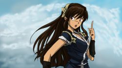 Rule 34 | 1girl, anime coloring, brown eyes, brown hair, cloud, david liu, day, hairband, japanese clothes, kuonji ukyou, long hair, looking back, open mouth, pointing, ranma 1/2, sky, solo