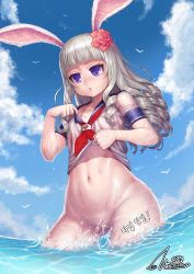 Rule 34 | 1girl, animal ears, bad id, bad pixiv id, bird, blue sky, blunt bangs, bottomless, clothes lift, cloud, contrapposto, convenient censoring, cowboy shot, day, elin, eyelashes, flat chest, flower, from below, gonster, grey hair, groin, hair flower, hair ornament, lifted by self, long hair, looking at viewer, makeup, mascara, navel, neckerchief, outdoors, purple eyes, pursed lips, rabbit ears, ringlets, school uniform, serafuku, shirt, shirt lift, short sleeves, sky, solo, splashing, standing, tera online, wading, water, water censor, water drop, wet, wet clothes, white shirt