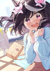 Rule 34 | 1girl, ahoge, alternate costume, black hair, blurry, blush, breasts, casual, cellphone, collarbone, commentary request, fingernails, hair ornament, heart, heart-shaped pupils, highres, kitasan black (umamusume), looking at viewer, medium breasts, open mouth, phone, saboten mushi, solo, sweater, symbol-shaped pupils, umamusume