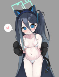 Rule 34 | 1girl, @ @, absurdres, animal ear headwear, animal hands, aris (blue archive), bikini, black hair, blue archive, blue eyes, blush, breasts, cat tail, commentary request, fake animal ears, gloves, groin, halo, heart, highres, long hair, navel, paw gloves, pepsi2330, small breasts, solo, speech bubble, spoken heart, sweat, swimsuit, tail, white bikini