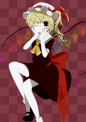 Rule 34 | 1girl, absurdres, ascot, blonde hair, bow, checkered background, embodiment of scarlet devil, female focus, flandre scarlet, hat, highres, red eyes, sailor antei, side ponytail, sitting, solo, touhou, wings