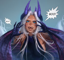 Rule 34 | 1girl, aleriia v, armpits, blue background, blue eyes, borrowed character, breasts, commission, dark-skinned female, dark skin, dragon girl, english text, fangs, hands up, horns, long hair, looking ahead, looking at viewer, mirra galontalis (mirraoniks), open mouth, original, pink lips, purple horns, sideboob, sideless outfit, simple background, slit pupils, solo, speech bubble, straight hair, talking, teeth, tongue, upper body, white hair, winged arms, wings